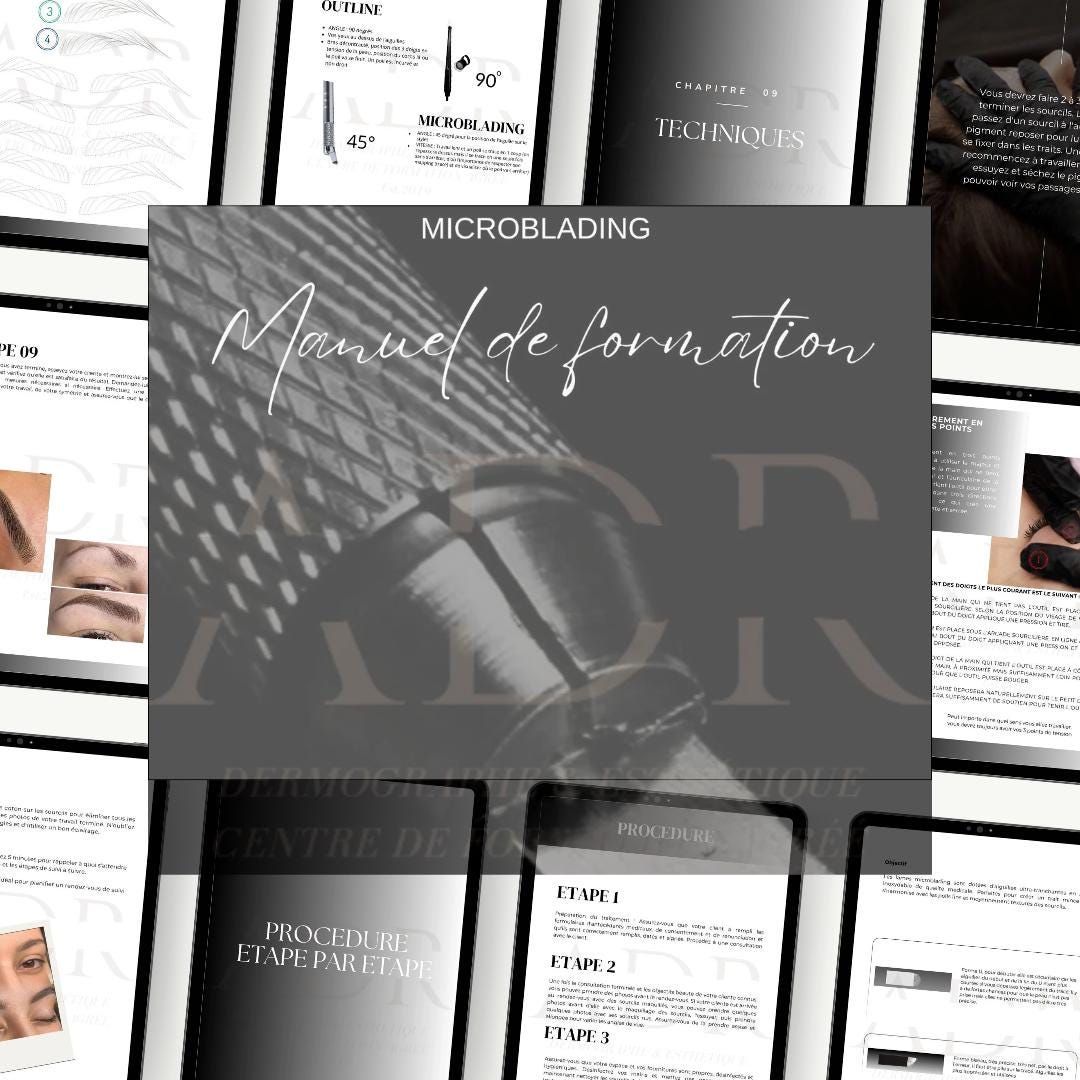 Extrait du manuel de formation en maquillage permanent, présentant les techniques de base et étapes d’apprentissage du microblading.