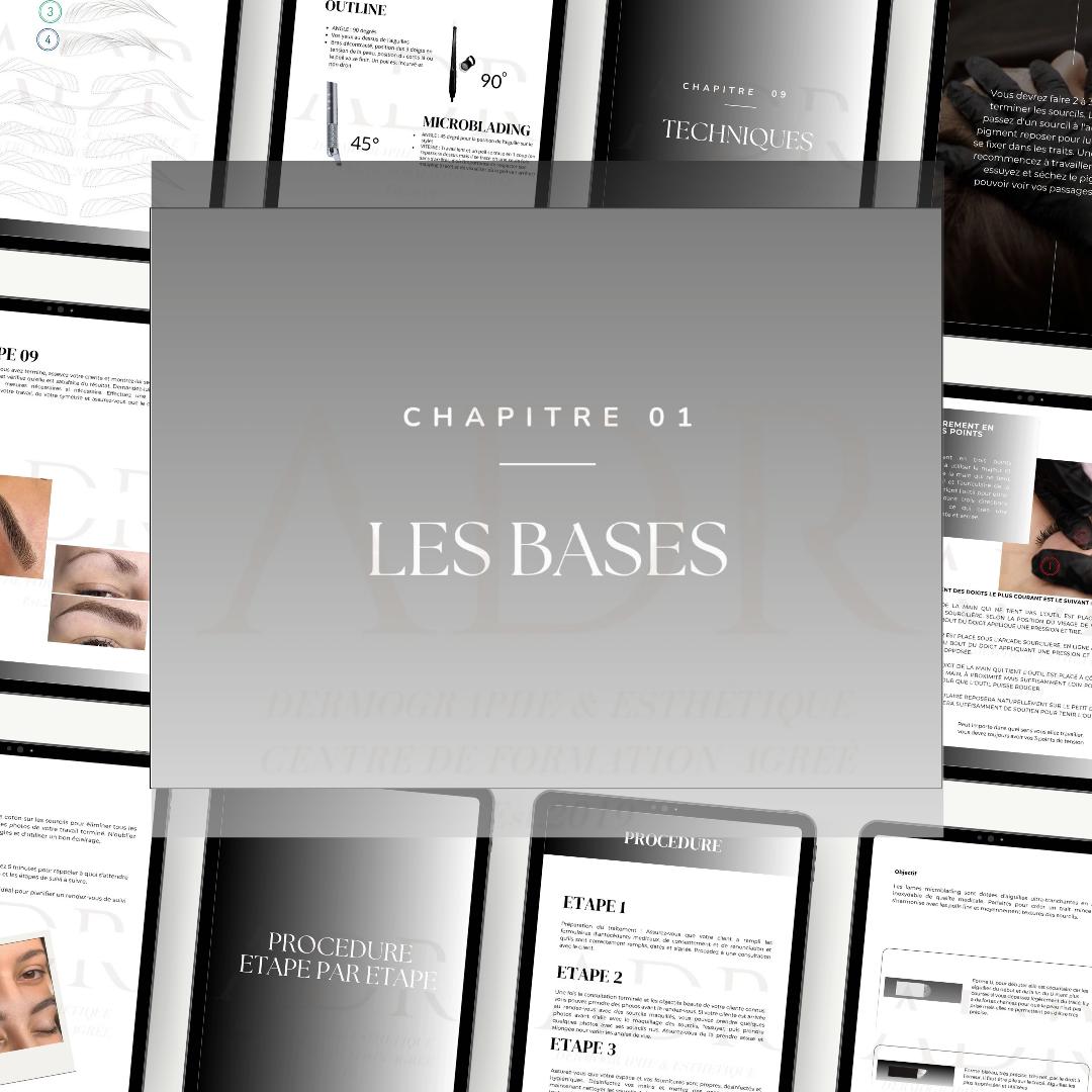 Extrait du manuel de formation en maquillage permanent, présentant les techniques de base et étapes d’apprentissage.