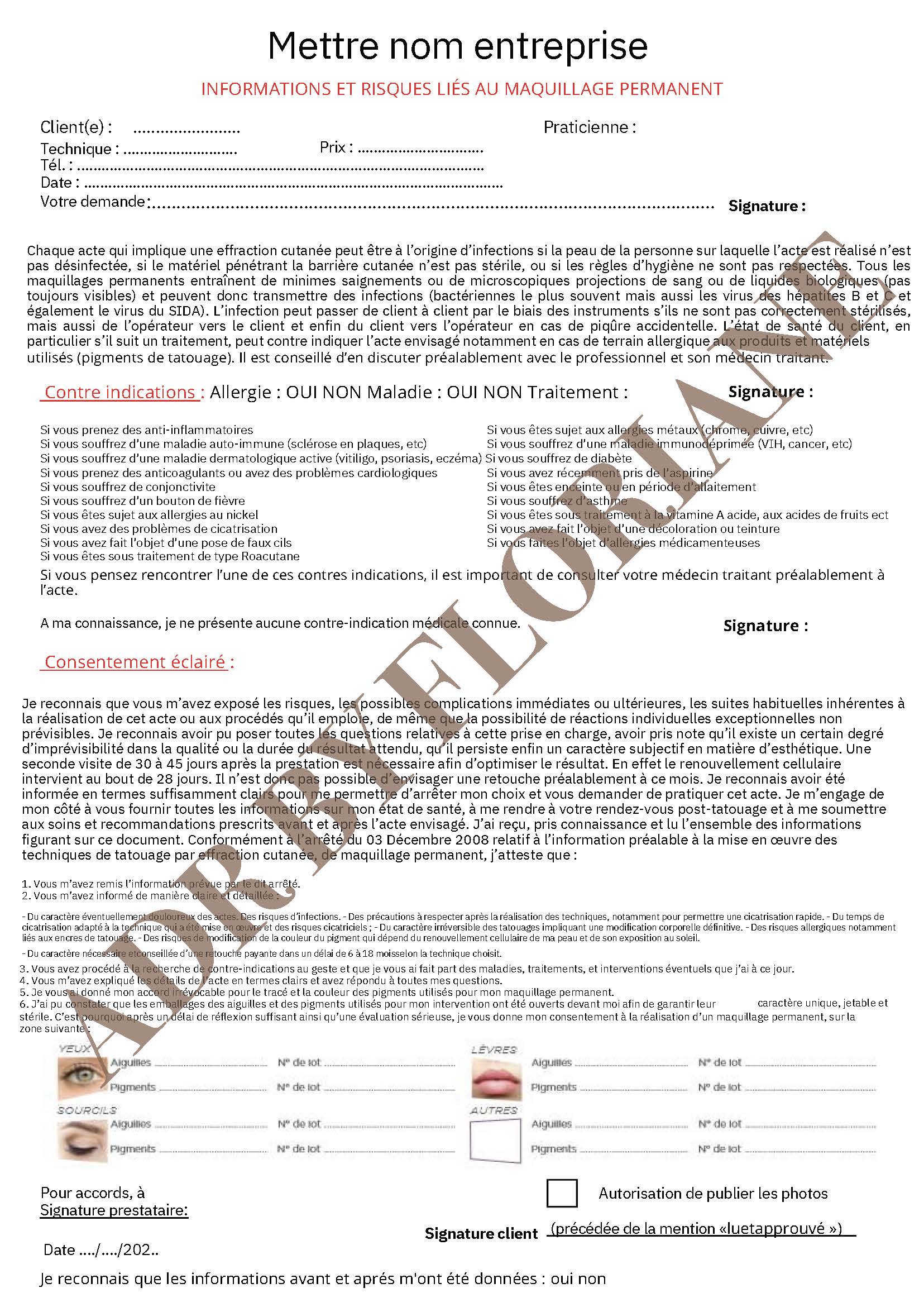 Formulaire de consentement pour maquillage permanent, utilisé pour informer et obtenir l’accord des clients avant la prestation.