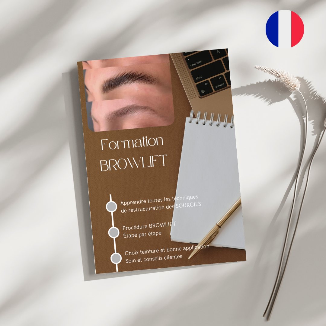 Présentation du manuel de formation en ligne en français pour la procédure Browlift, présentant les techniques professionnelles étape par étape.