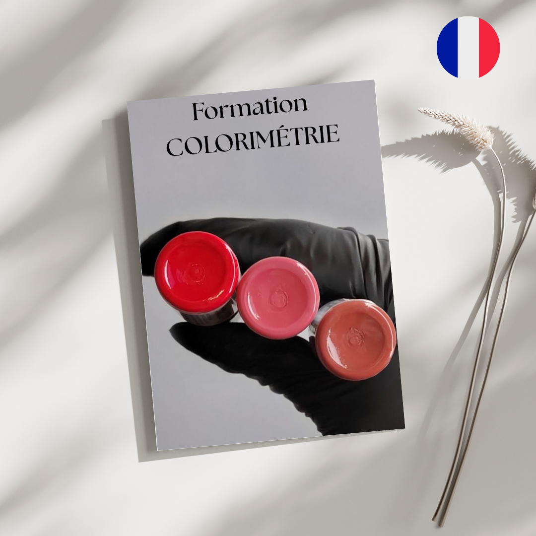 Présentation du manuel de formation en ligne sur la colorimétrie en maquillage permanent, expliquant les techniques professionnelles pour choisir et harmoniser les couleurs.