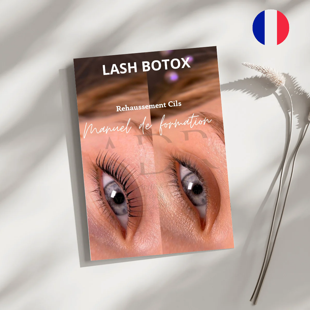 Présentation du manuel de formation en ligne en français pour le Lash Botox et le rehaussement de cils, présentant les techniques professionnelles étape par étape.