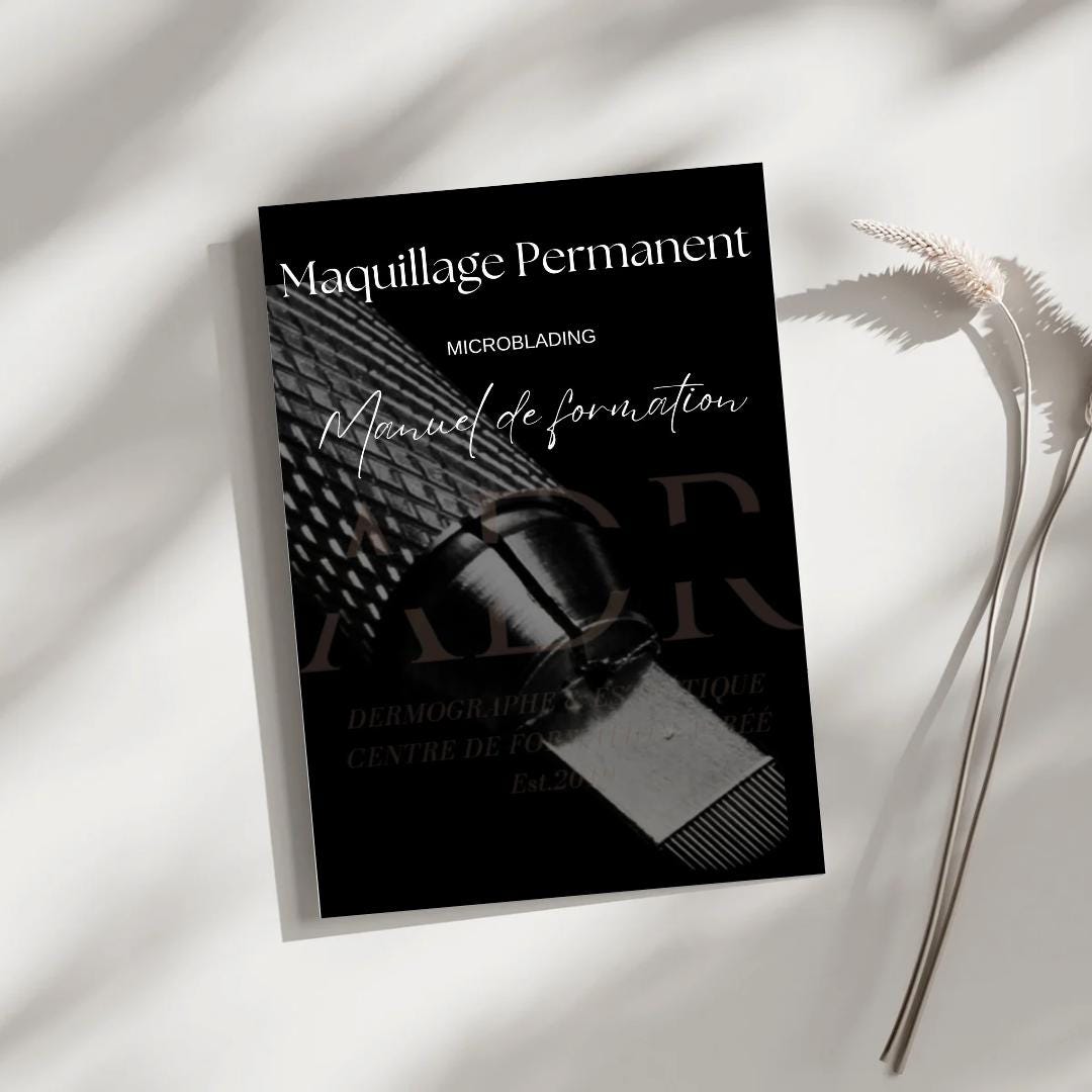 Manuel de formation en ligne sur le maquillage permanent microblading, destiné aux élèves en dermopigmentation.