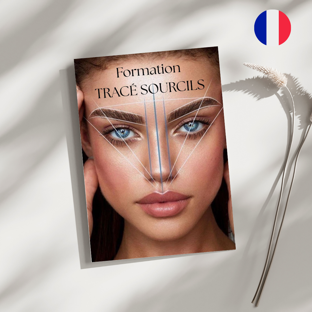 Présentation du manuel de formation en ligne pour le tracé des sourcils en maquillage permanent, présentant les techniques professionnelles étape par étape.