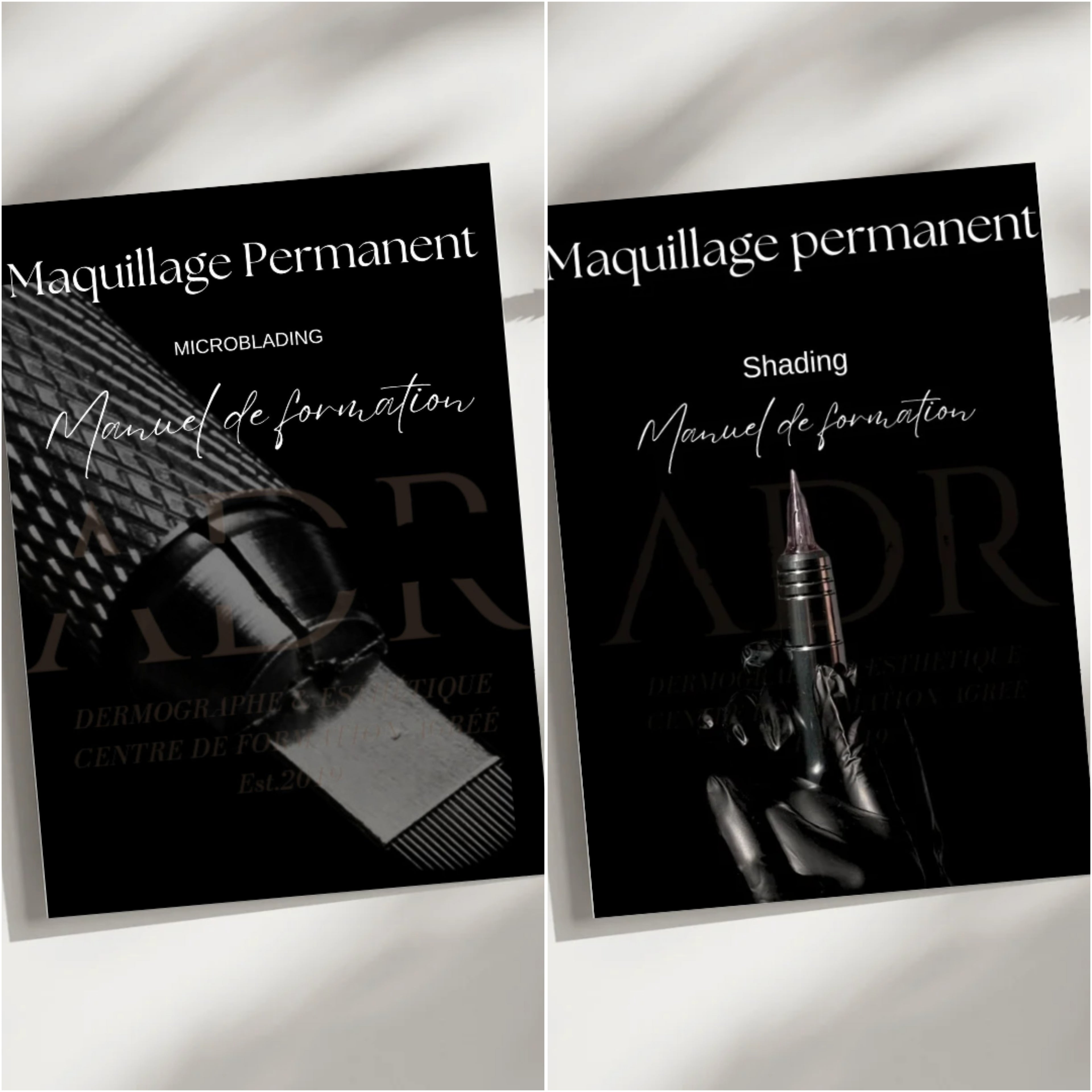 Présentation des manuels du pack de formation en ligne pour le maquillage permanent des sourcils, incluant les techniques de microblading et de shading étape par étape.