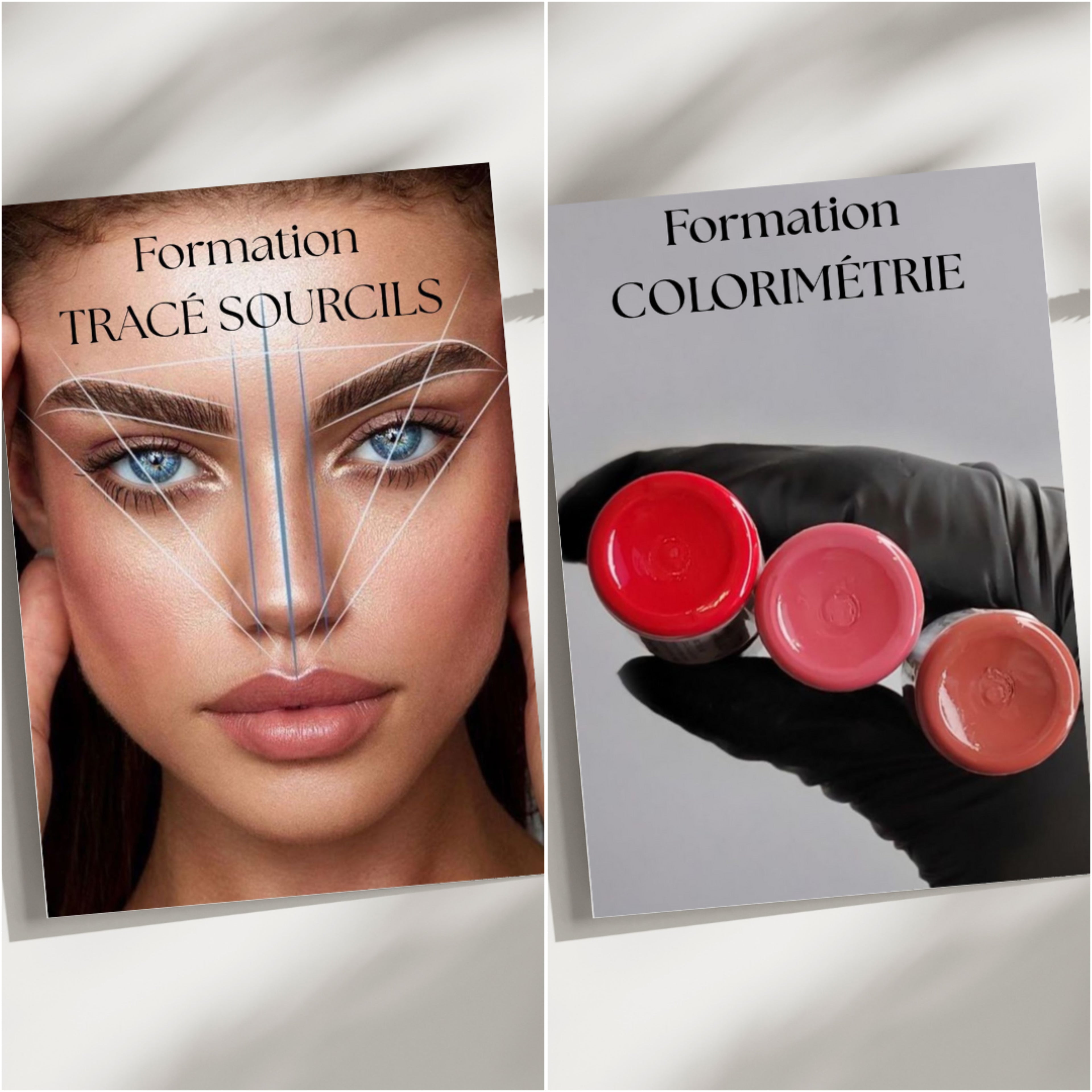 Présentation du pack de formation en ligne Tracé et Colorimétrie en maquillage permanent, présentant les techniques professionnelles étape par étape.
