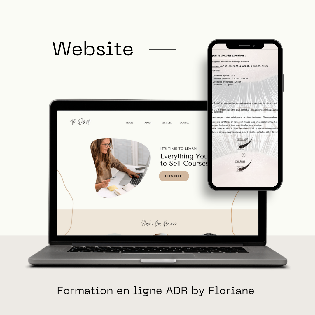 Présentation du site de formation en ligne ADR By Floriane, destiné aux extensions de cils.